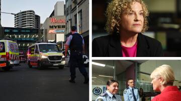 From left, the scene of the Bondi stabbings on April 13, PoliceLink Tuggerah team leader Claire Isaac, and police minister Yasmin Catley speaks with Senior Sergeant Rebecca Scott and Sergeant Warren King. Pictures by AAP, Simone de Peak