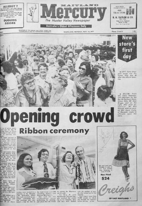 The Maitland Mercury's front page picture for the opening of Big W Green Hills from November 1977.