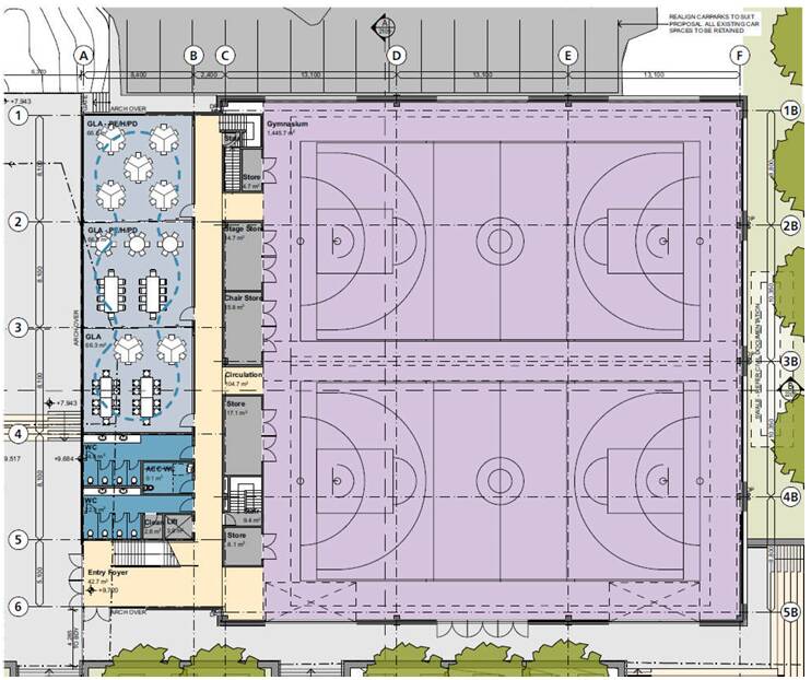 Plan of the multi-purpose centre ground floor including general learning areas, basketball/multi-sport courts and toilets. Picture from Heritage Impact Statement