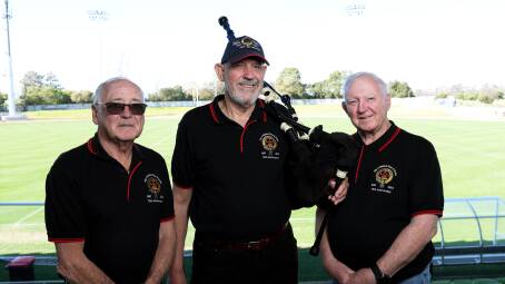 Maitland Pipes and Drums members Greg Dewar, Peter Campbell and Greg Queenan at Maitland Sportsground. Picture by Peter Lorimer