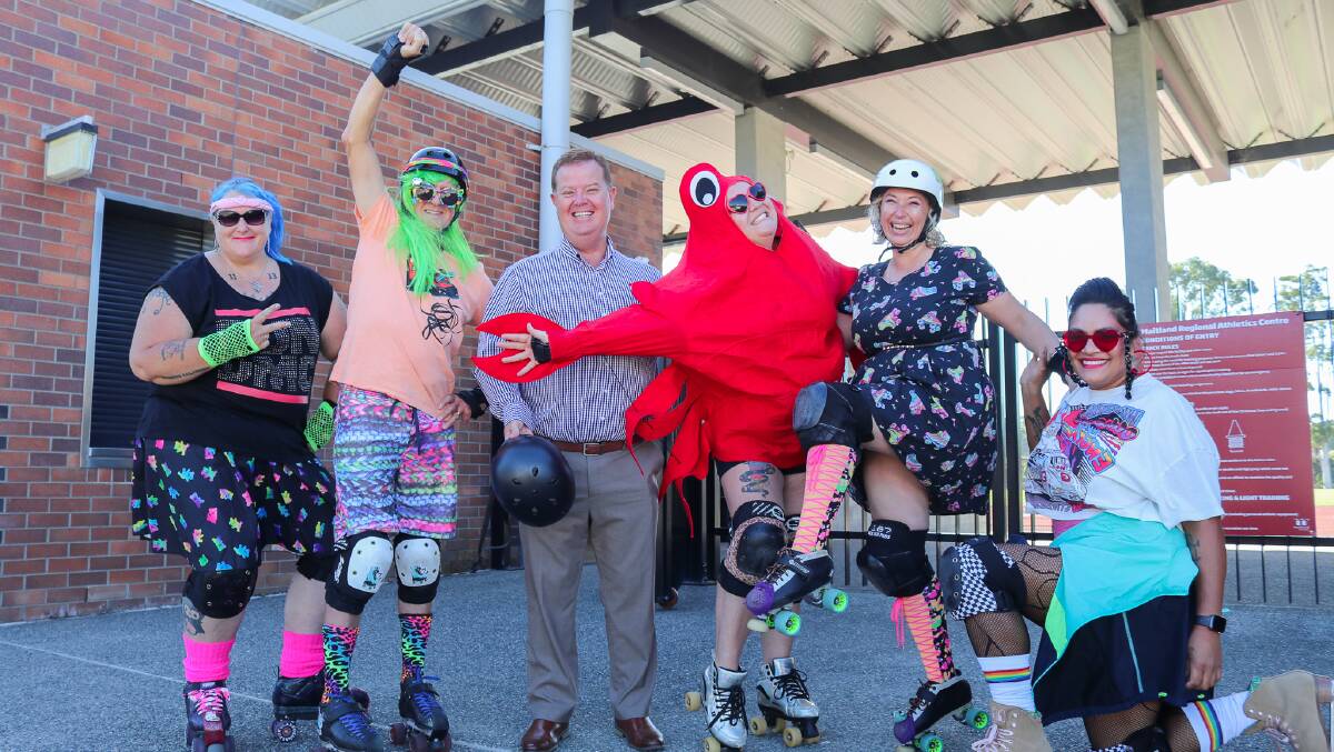 Maitland Mayor Philip Penfold with eager skaters from the Maitland City Rollers. Picture supplied.
