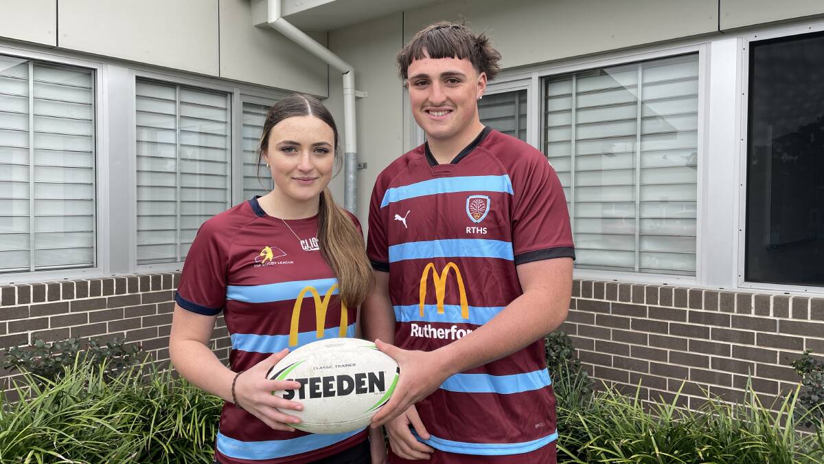 Rutherford Technology High School TSP (talented sports program) rugby league players Osha Allen, year 9 and Ashton Allen, year 10, wearing their new jerseys. Picture by Chloe Coleman