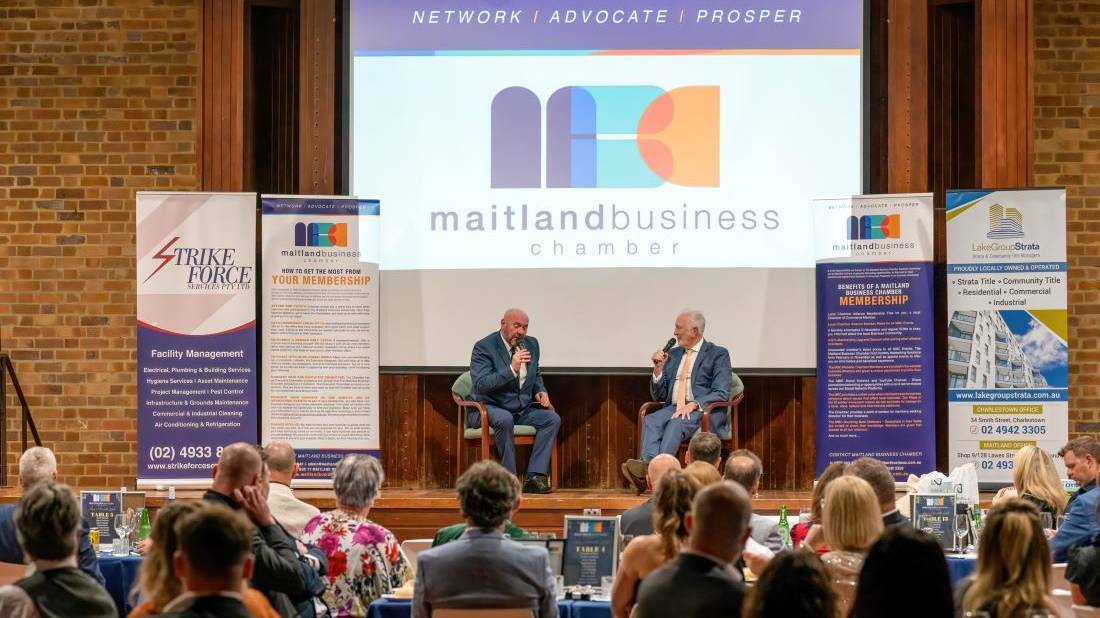 Last year's guest speakers Garth Russell and Steve Graham on stage at the 2022 Maitland Business Chamber men's health event. Picture supplied.