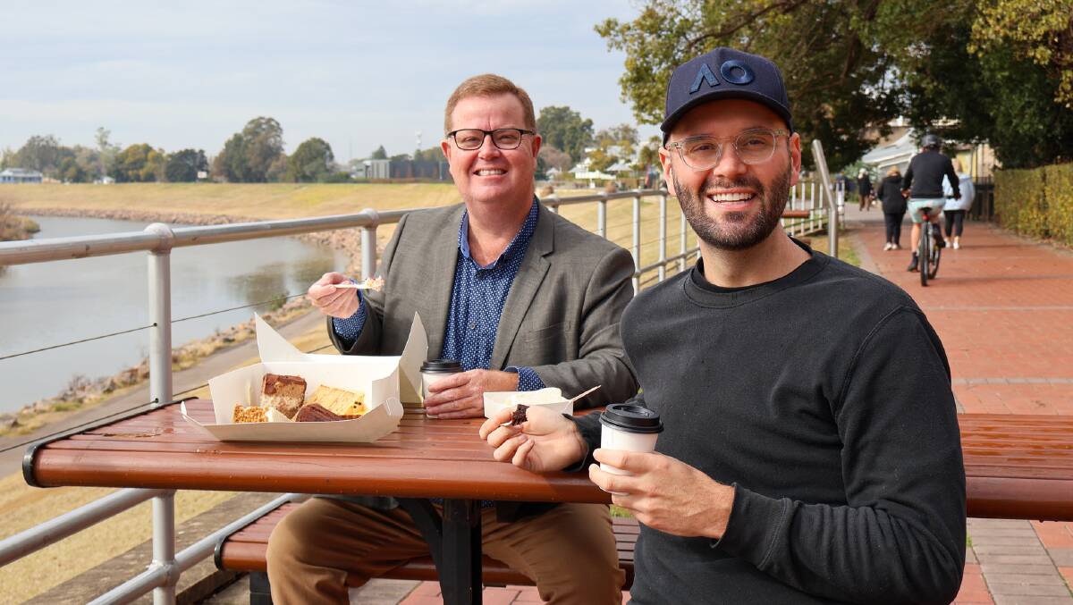 Maitland Mayor Philip Penfold with Cakeboi owner and former MasterChef contestant Reece Hignell. Picture supplied.