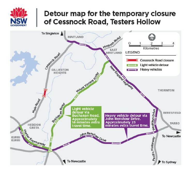 Detour map for the temporary closure of Cessnock Road, Testers Hollow. Picture supplied.
