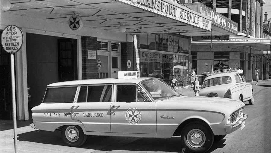 A Maitland District Ambulance Ford Falcon on High Street in 1961. Picture supplied