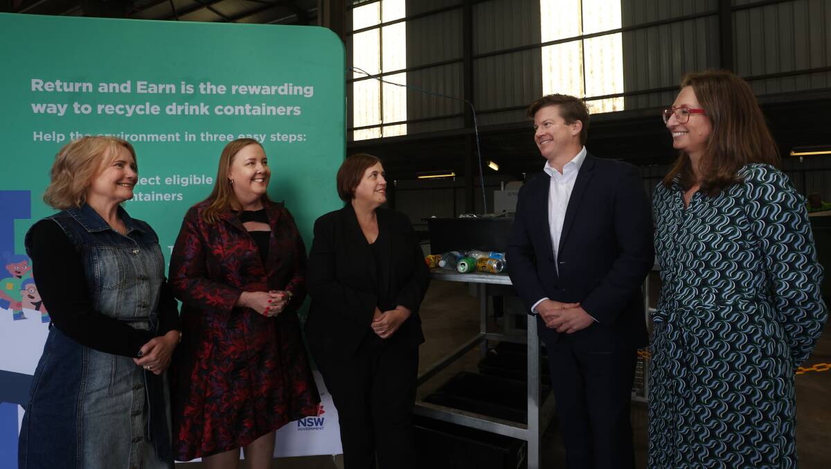 Exchance for Change CEO Danielle Smalley, member for Maitland Jenny Aitchison, St Vincent De Paul Society NSW CEO Yolanda Saiz TOMRA Cleanaway CEO James Dorney and NSW EPA executive director programs and innovation Alexandra Geddes. Picture by Simone De Peak