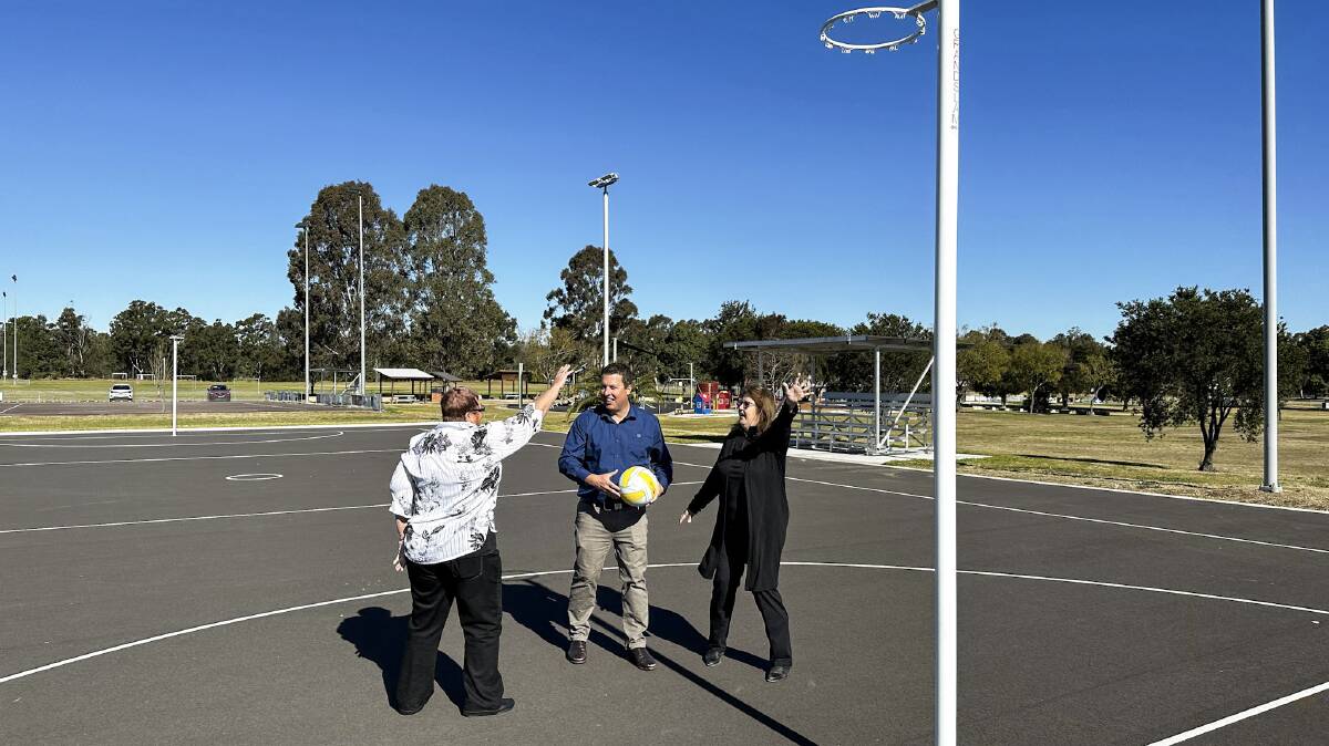 Cessnock City Mayor Jay Suvaal with Cr Sander (left) and Cr Jackson (right), testing out the new sporting facilities at Miller Park. Picture supplied