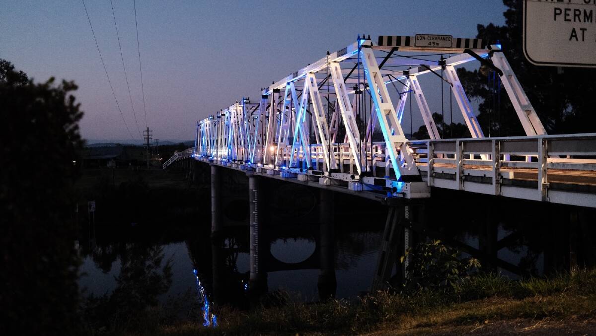 Morpeth bridge turned white and blue in honour of fallen police on Friday, September 29. Picture supplied