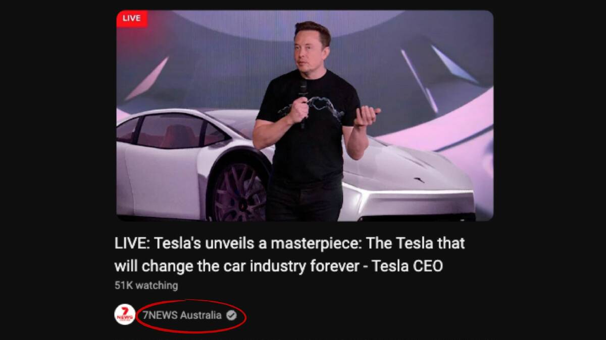 All videos have been replaced with a live video of an AI-generated Elon Musk. Screenshot from YouTube