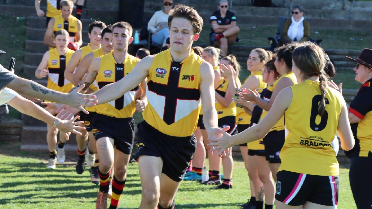 Maitland Saints captain Riley Newstead leads the Black Diamond Cup team out against Killarney Vale on Saturday, June 3 at Max McMahon Oval. Picture by Maitland Saints