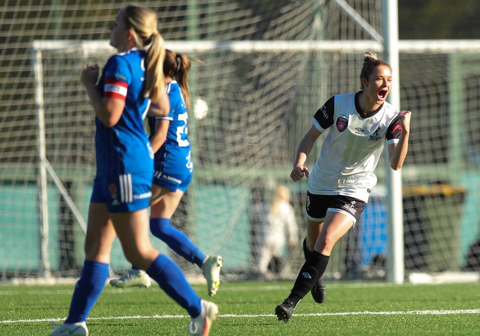 Maitland's Sophie Stapleford scores against Mid Coast last year; the Magpies have been drawn to face Mid Coast in the Women's League Cup. Picture file