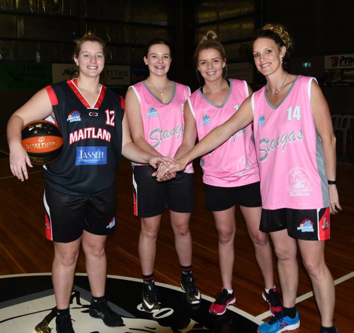 TITLE FAVOURITES: Maitland Mustangs players Hannah Fox, Shakera Reilly, Karlee Grayson and Amanda Bendeitch take on the Wagga Blaze at the Maitland Federation Centre on Saturday night. Picture: Michael Hartshorn