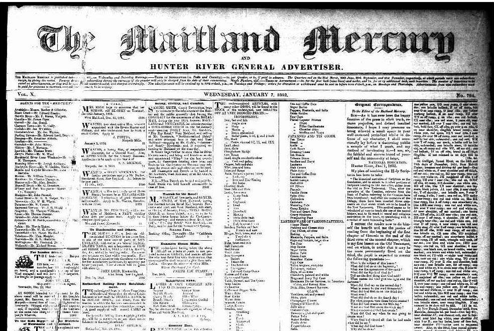 The front page of the Maitland Mercury from January 7, 1852. 