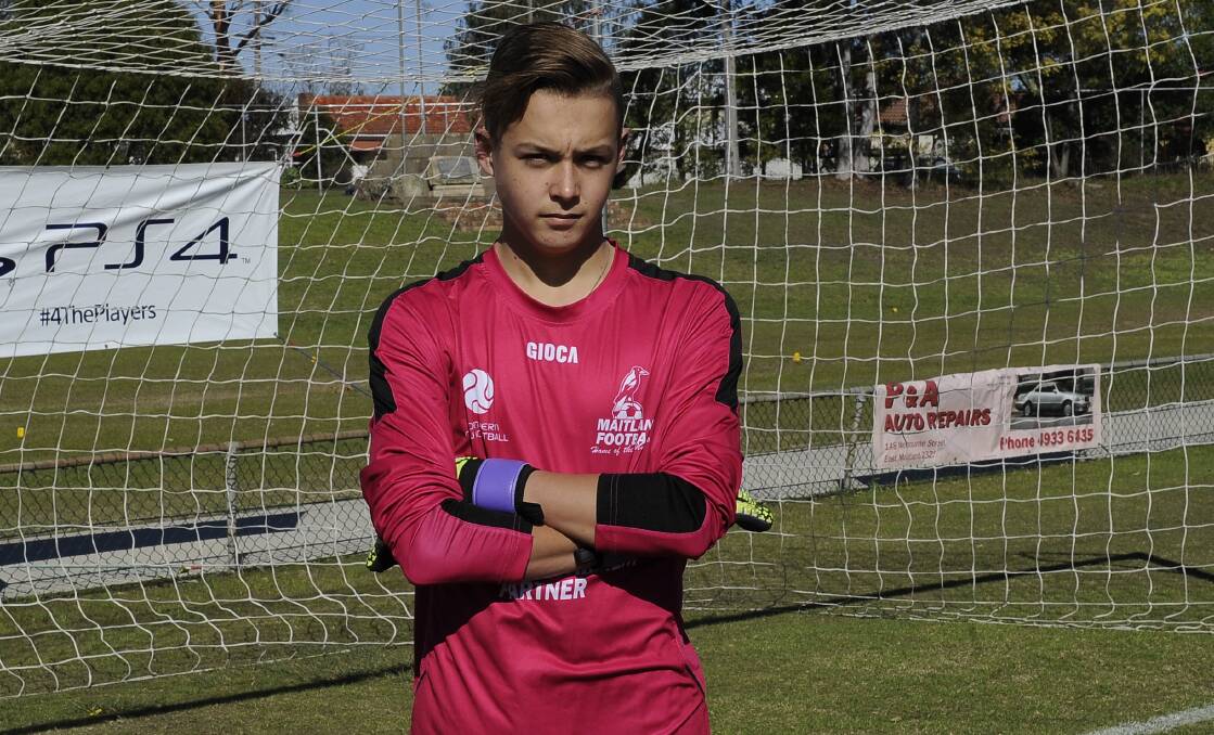PROUD IN PINK: Maitland Magpies goalkeeper Ben Foster has turned his discomfort about wearing a pink strip into a fundraising effort for the McGrath Foundation. Picture: MICHAEL HARTSHORN