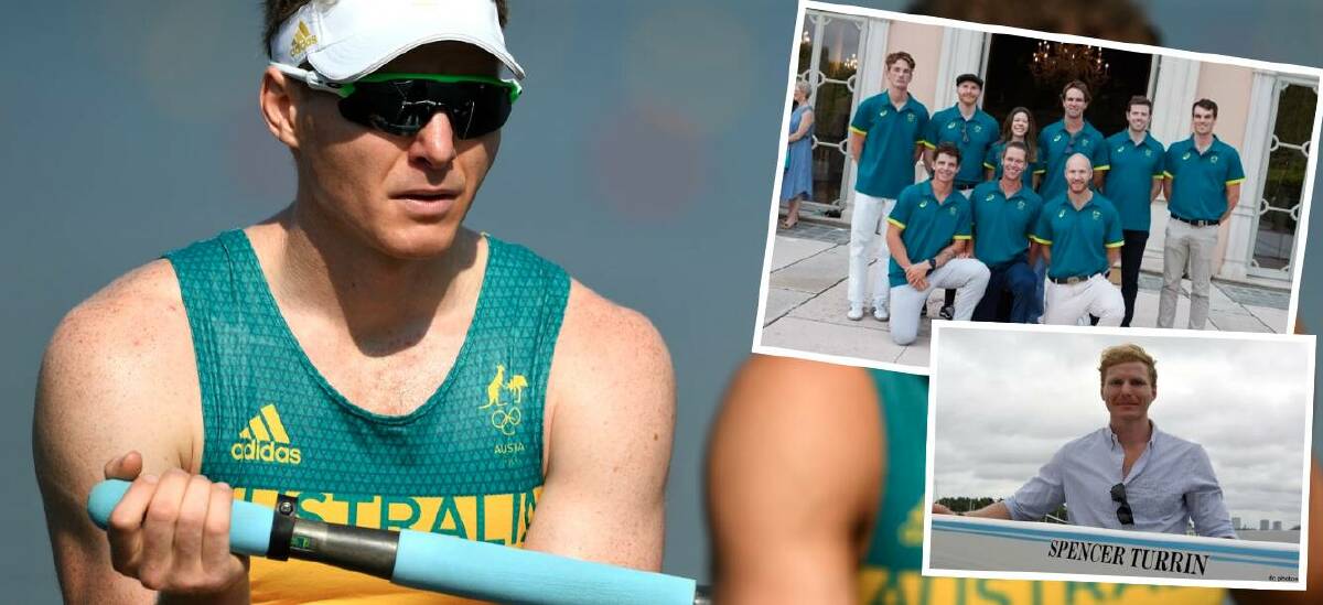 Spencer Turrin rowing for Australia and with the Aussie men's eight crew bound for Paris (inset). Pictures Rowing Australia and file.