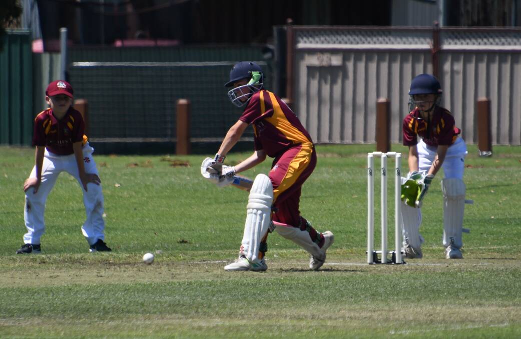 Maitland Maroon Under-13 batter Cailan Hartwell scores against Maitland Gold on his way to an unbeaten 122 off just 102 balls at Louth Park on Sunday, December 3.
