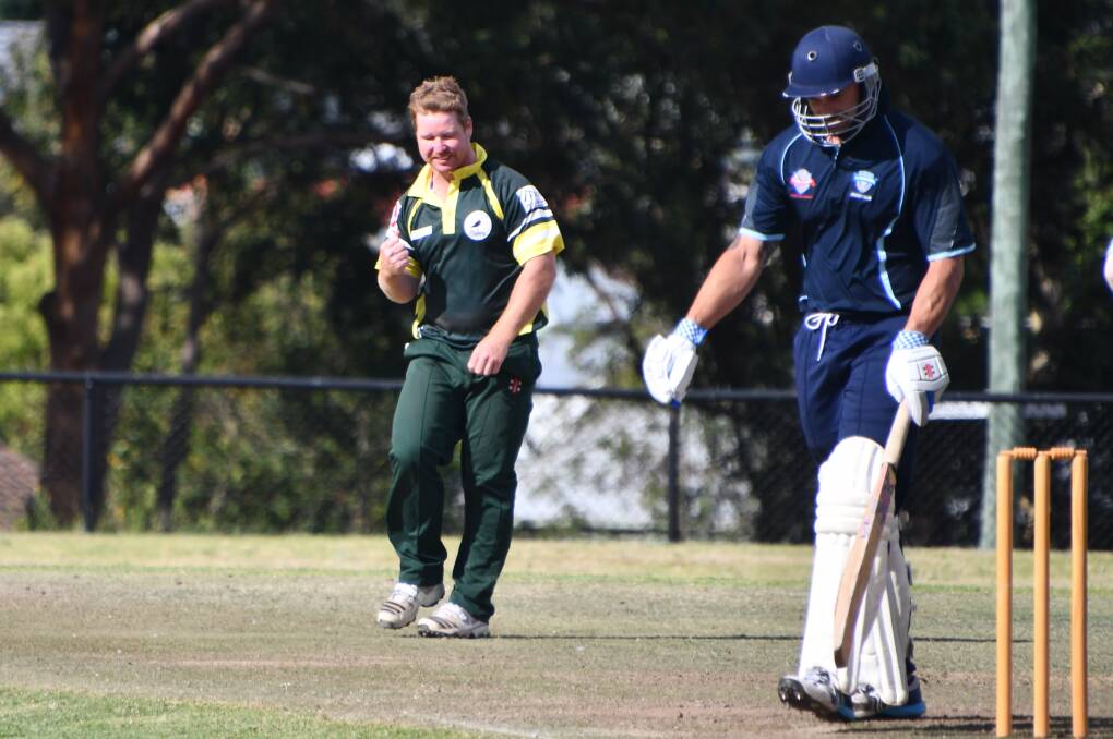 MAN OF MOMENT: Western Suburbs bowler Joe Connell celebrates one of his four wickets which set up the Plovers' dramatic win against Kurri Weston at Kurri Central on Saturday. Picture: Michael Hartshorn