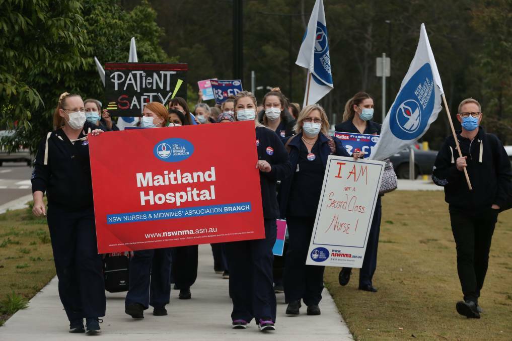 NSW Nurses and Midwives Association Maitland Branch members during a walk out over working conditions in 2022. Picture by Simone De Peak