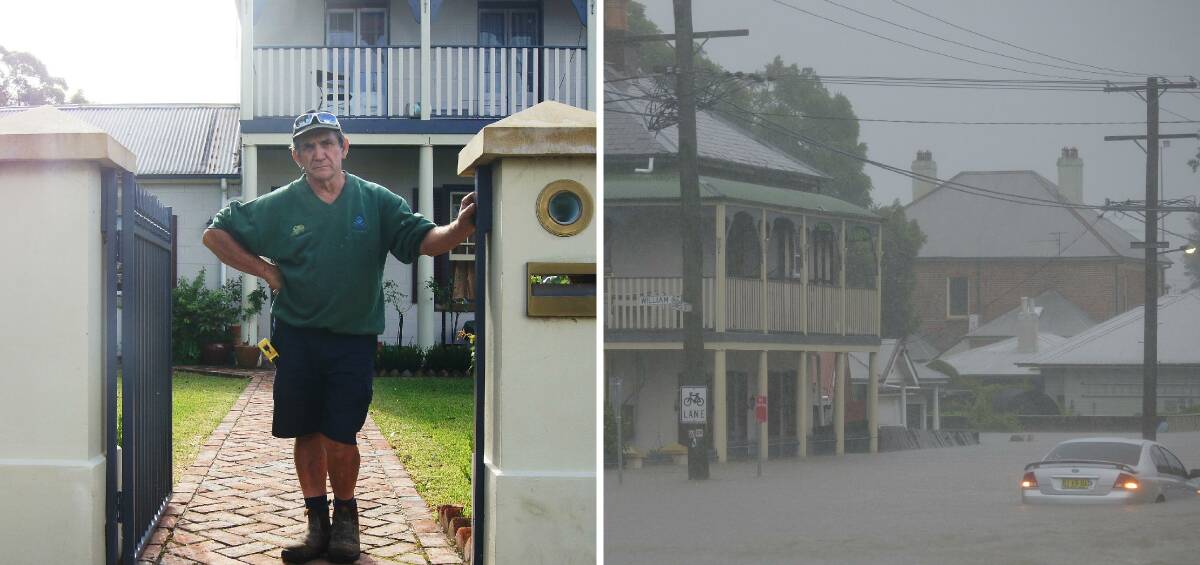 SUPER STORM: Paul Manyweathers, left, at the historic East Maitland house almost a year after the super storm hit and the flooded street, right, on April 22. 