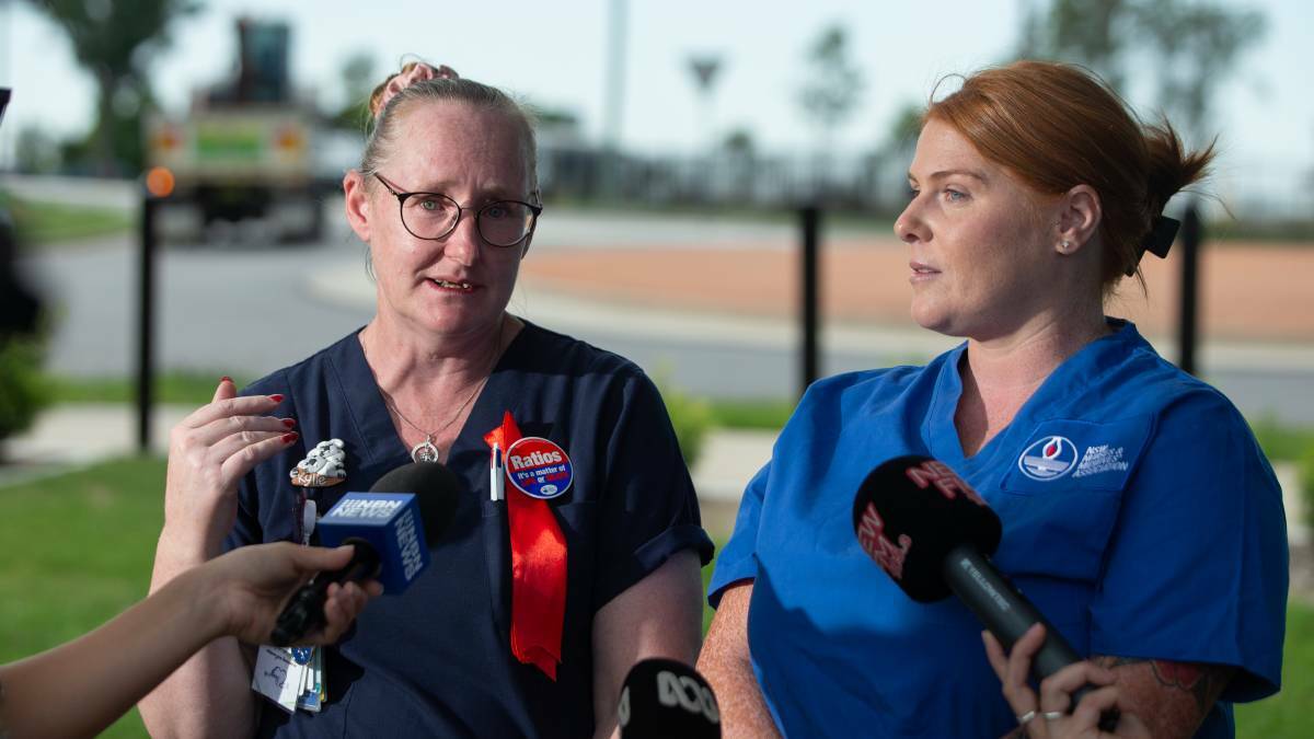 NSW Nurses and Midwives Association Maitland Branch president Kylie Goodwin and secretary Monique Murray speaking to the media earlier this month. Picture by Marina Neil 