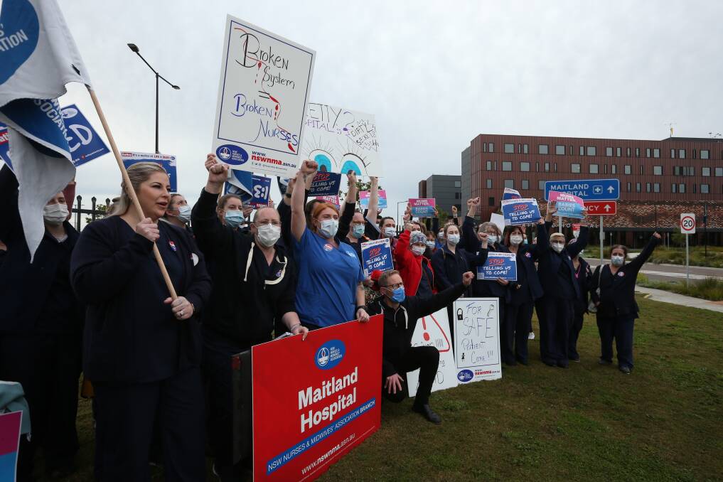 NSW Nurses and Midwives Association Maitland Branch members during a staff walk out in 2022 to raise awareness about staffing problems. Picture by Simone De Peak