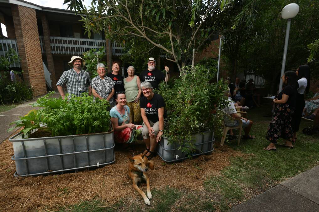 (Back row L to R) Richard Hershman, Fay OKeefe, Kendall Harrison, Jenny Rooke, Ian Clarke, (front row) Kelly Lawn with the dog Floki and Slow Food Hunter Valley president Anne Kelly. Picture by Jonathan Carroll