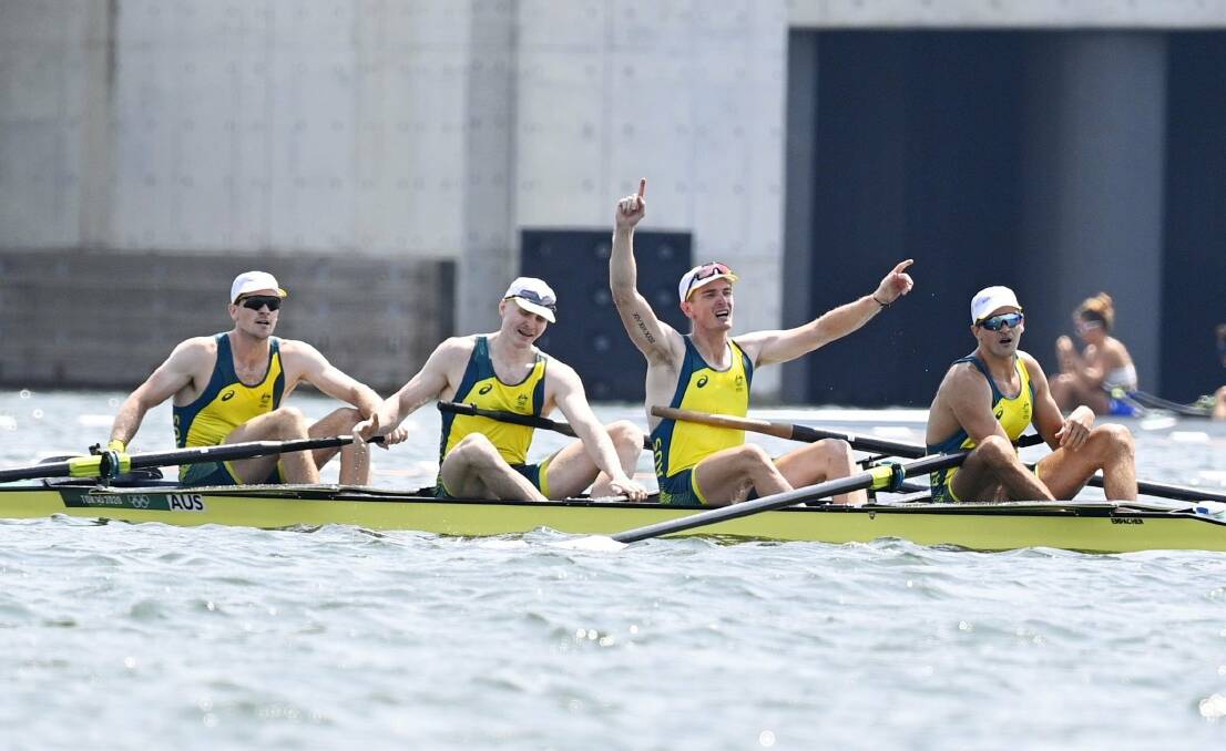 Alexander Purnell, Spencer Turrin, Jack Hargreaves and Alexander Hill of Australia after winning the men's rowing four at the Tokyo Olympics. Picture AP