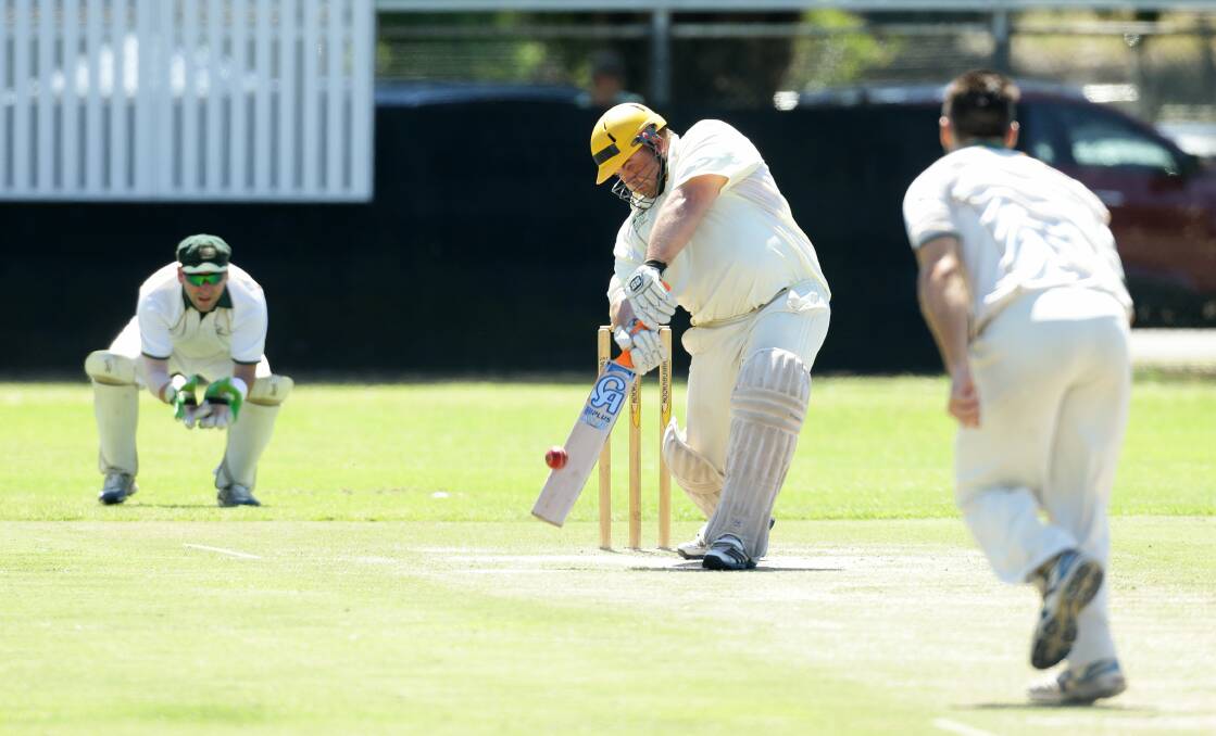 OVER THE TOP: City opener Kirk Mullard top scored with 66 on day one of the Maitland first grade cricket grand final at Robins Oval.