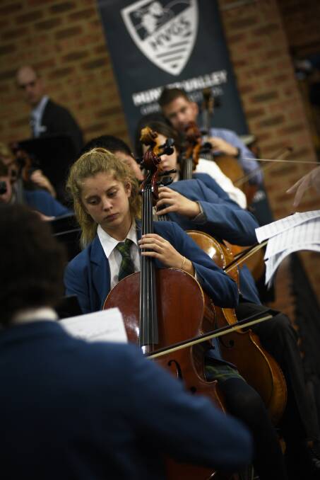 SYMPHONY: Cellist Annabelle Bridge performing student Samuel Moore's composition "Verluste" in the high school symphony orchestra. Picture: PERRY DUFFIN