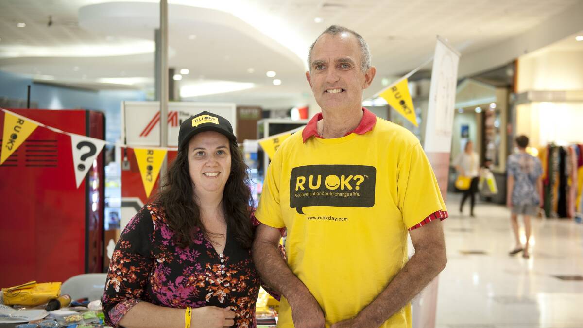 R U OK?: Maitland Suicide Prevention Network volunteers Natasha Anderson and Steve Fenner at Greenhills. Picture: Perry Duffin